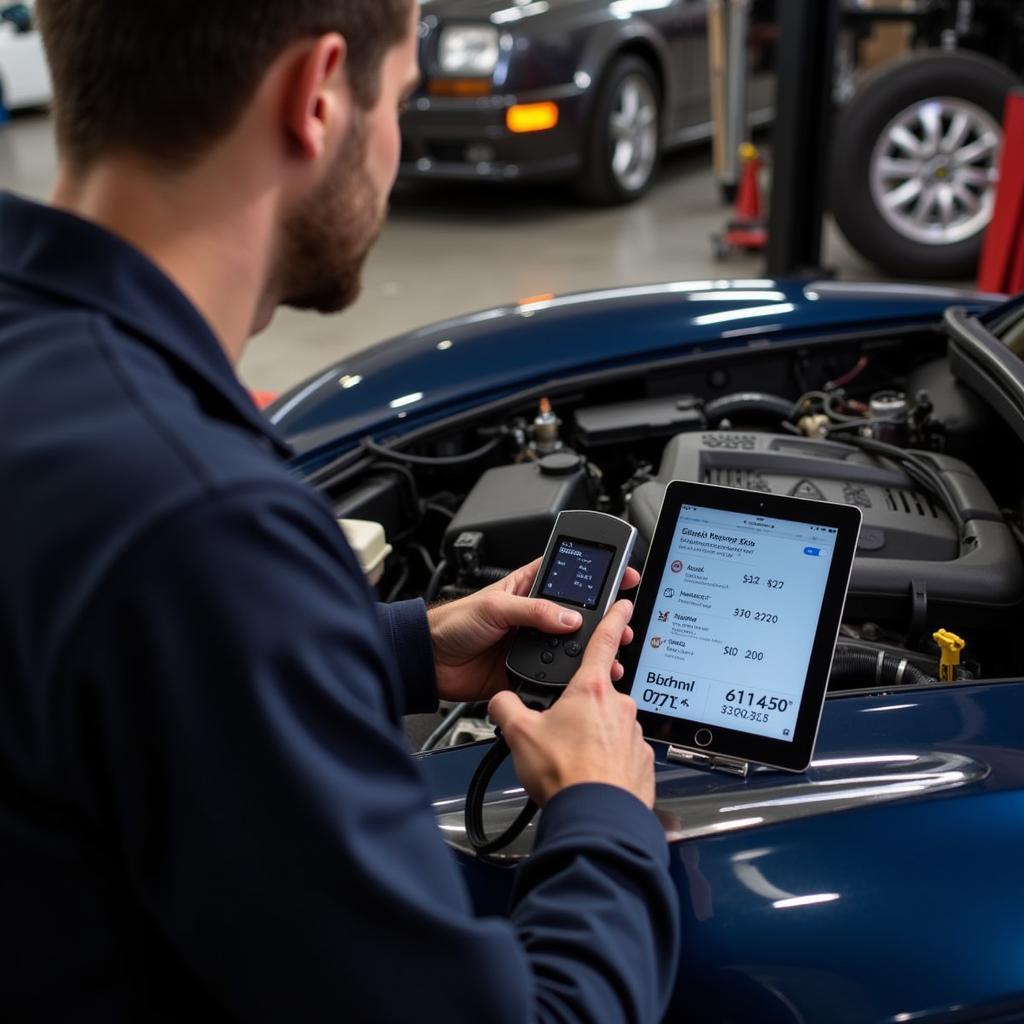 Mechanic Using Bluetooth Scan Tool on Tablet