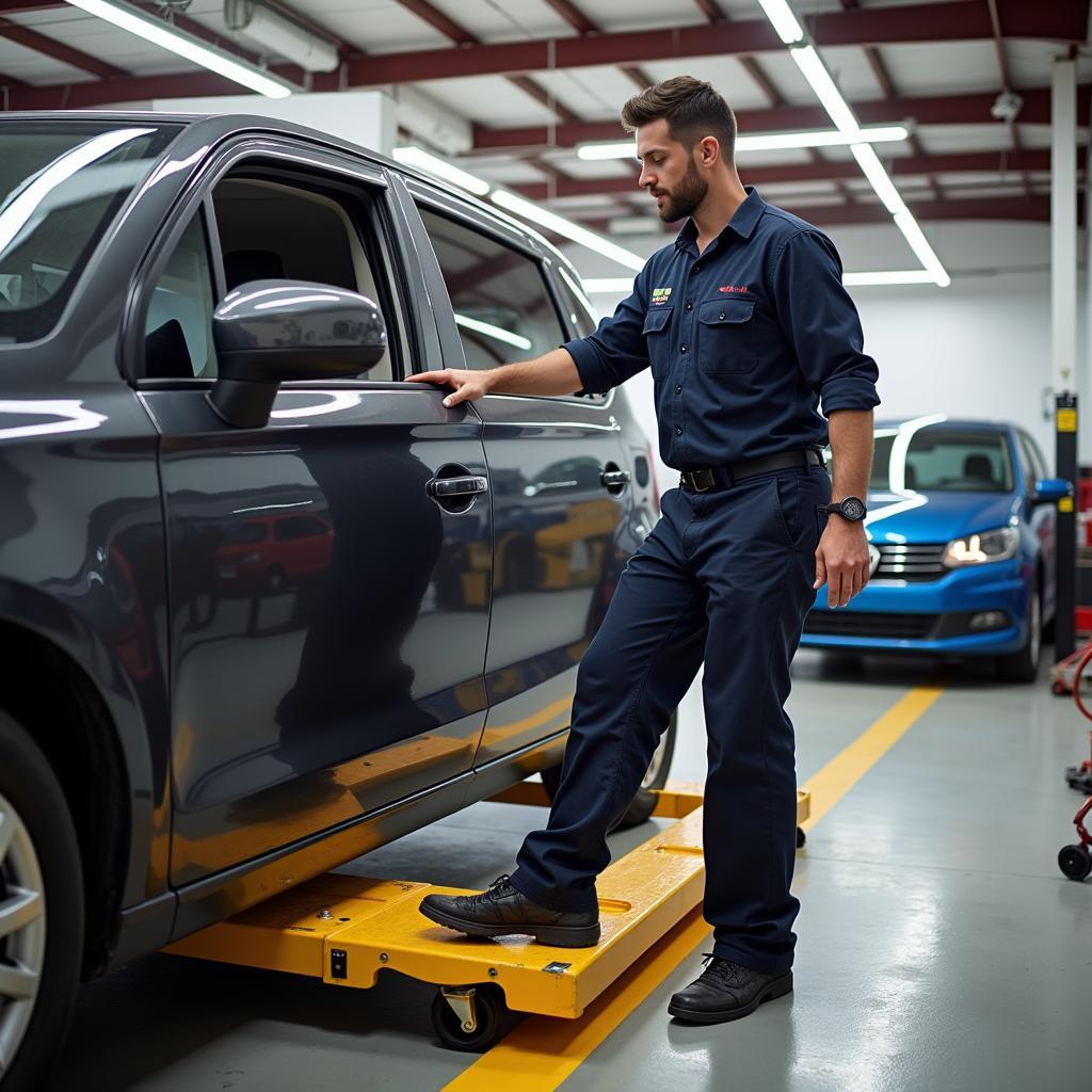 Mechanic Using Capri Tool Hydraulic Car Dollies