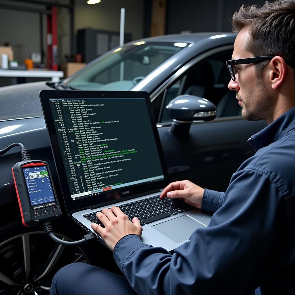 Mechanic Using Car Forensic Scanner for Diagnostics