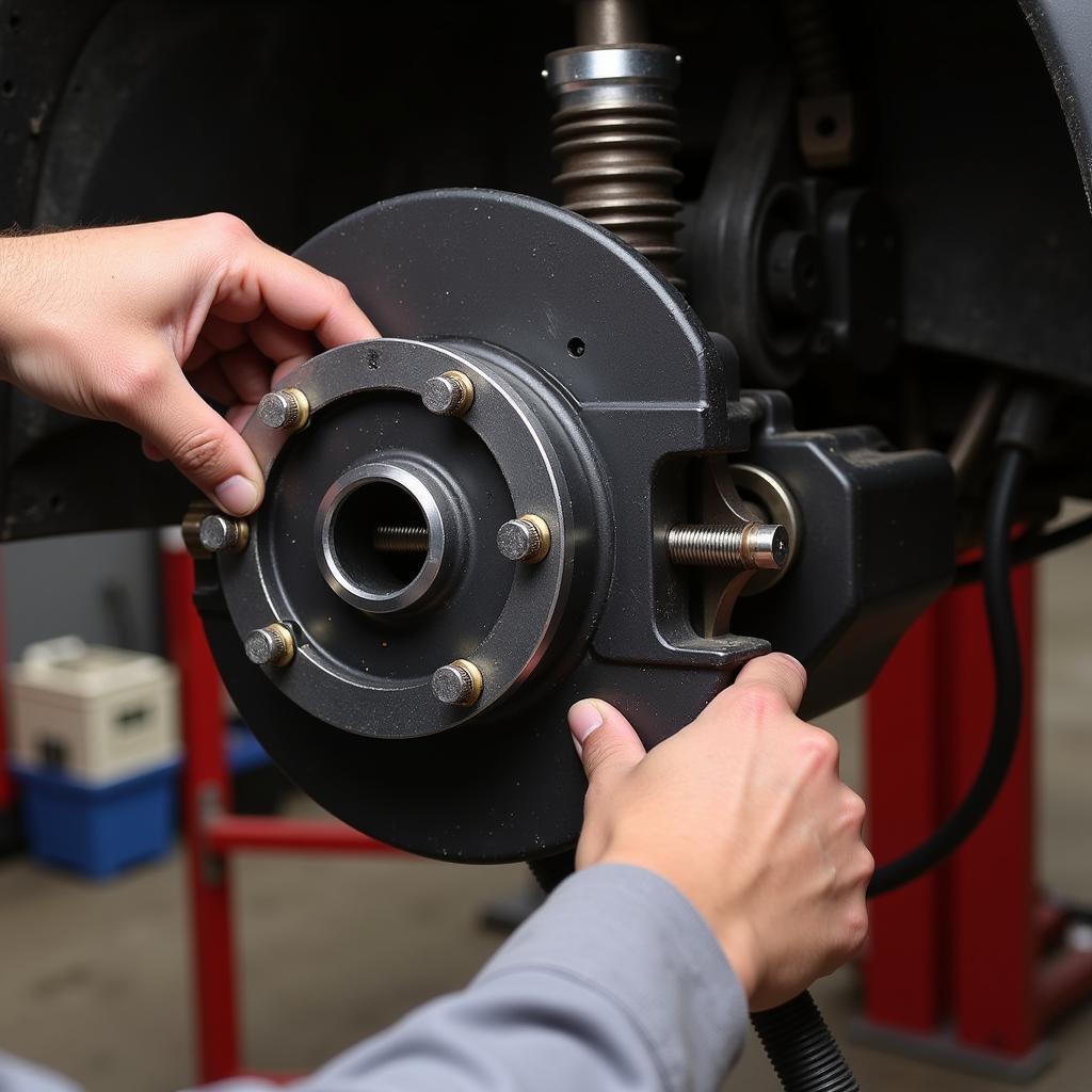 Mechanic using a car knuckle hub press tool to install a new hub