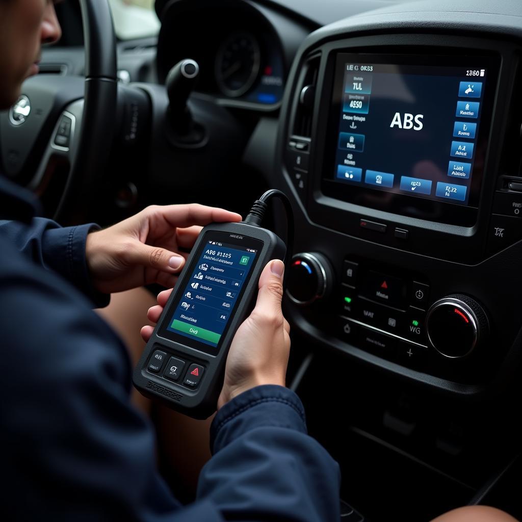 Mechanic Using Car Scan Tool ABS to Diagnose Brake Problems