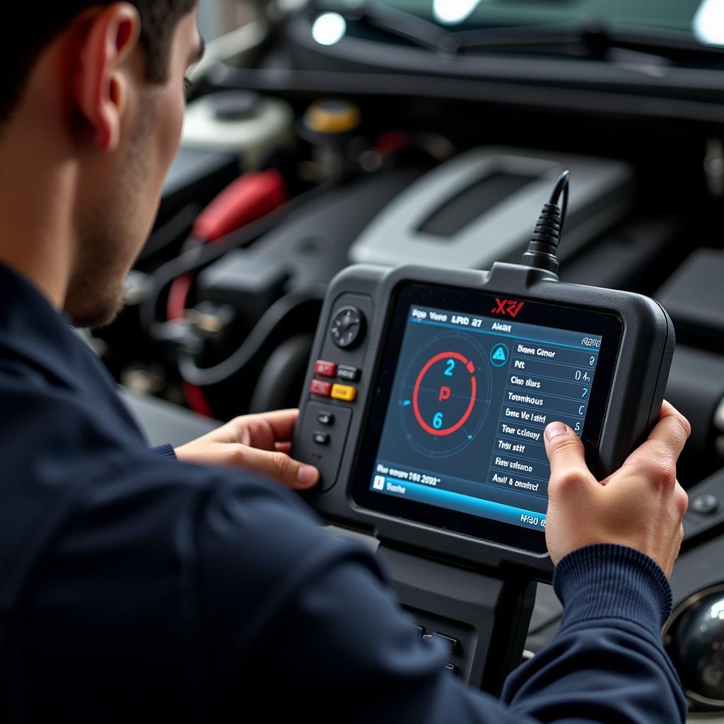 Mechanic using a diagnostic scanner on a car