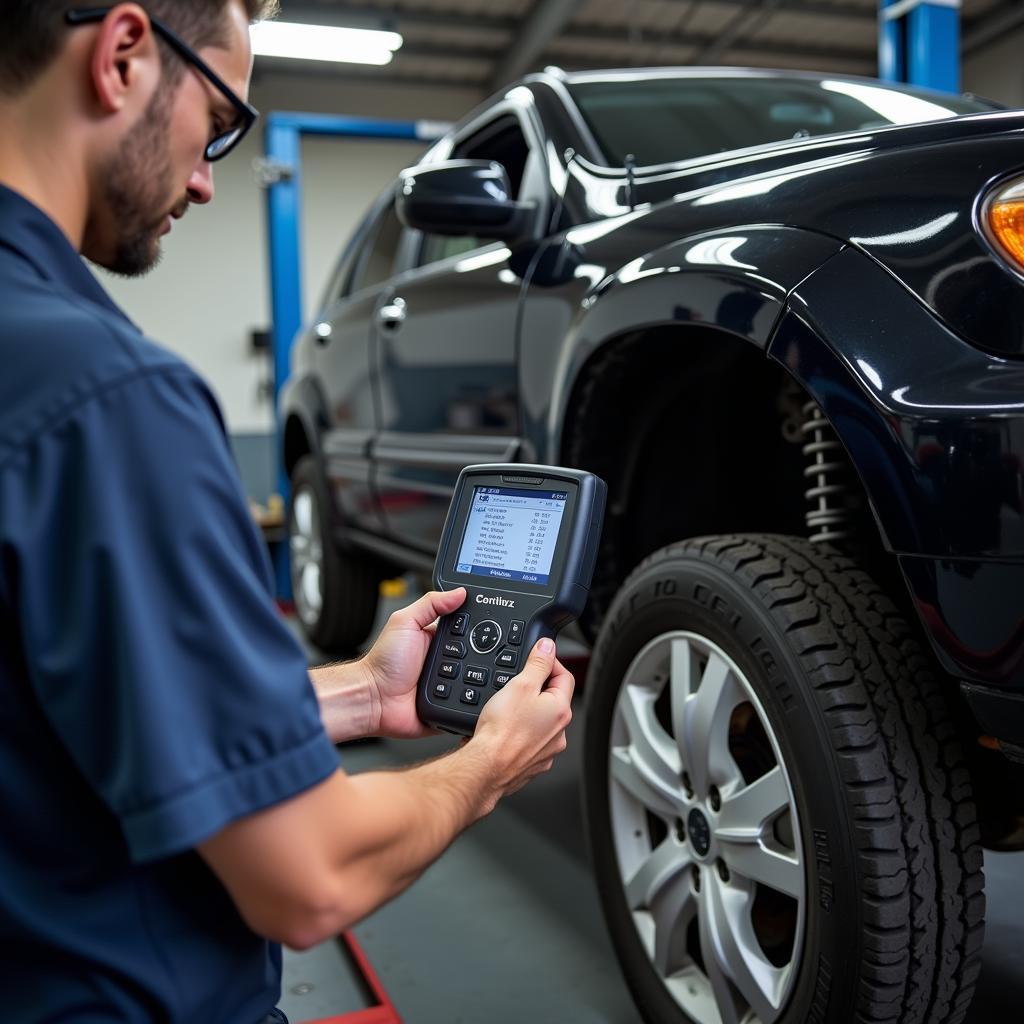 Mechanic using a diagnostic scanner on a car in a repair shop.