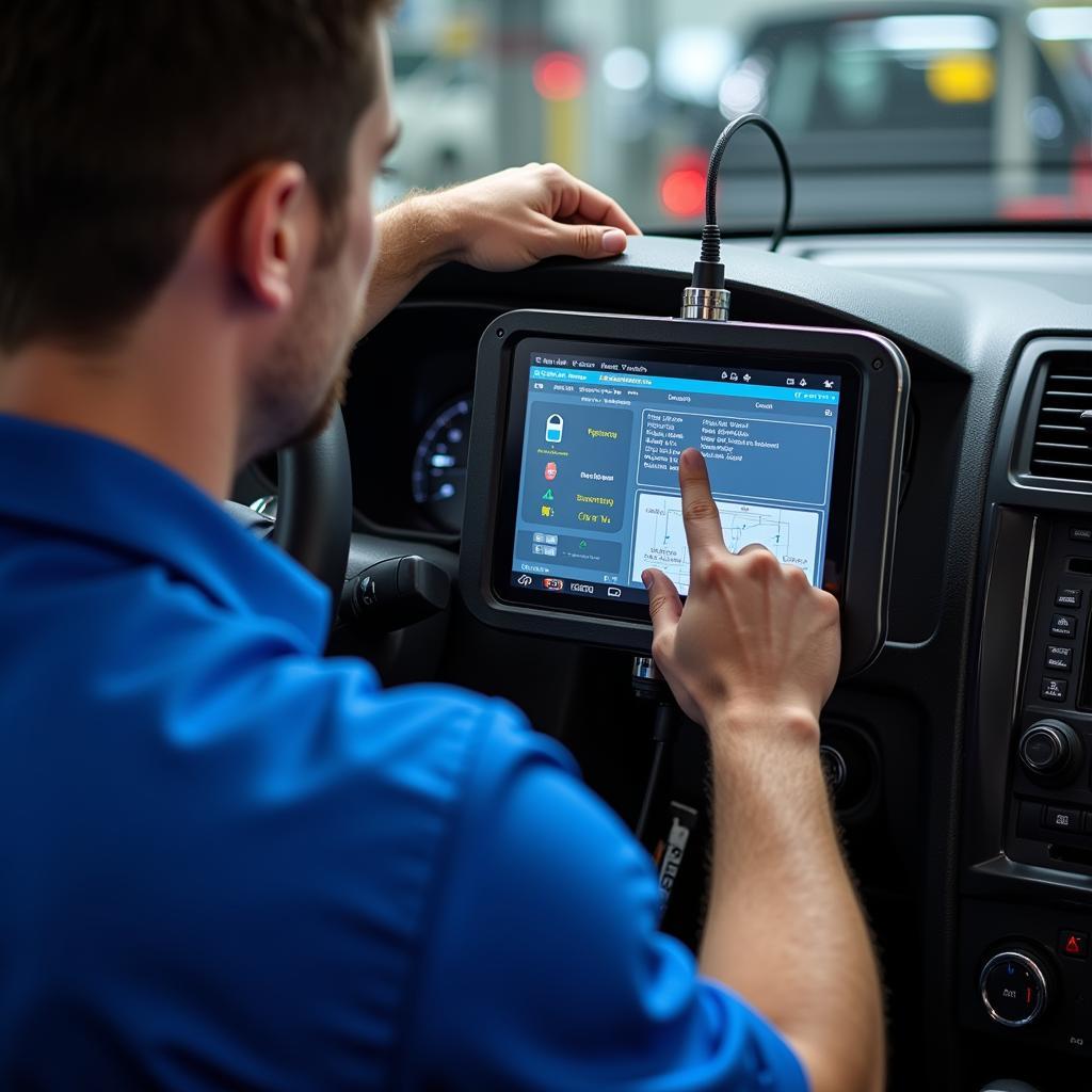 Mechanic Using Diagnostic Software Connected to a Car