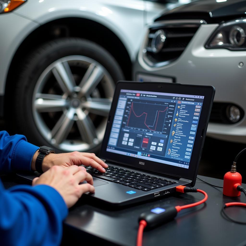 Mechanic Diagnosing Car Issues using Specialized Software on a Laptop