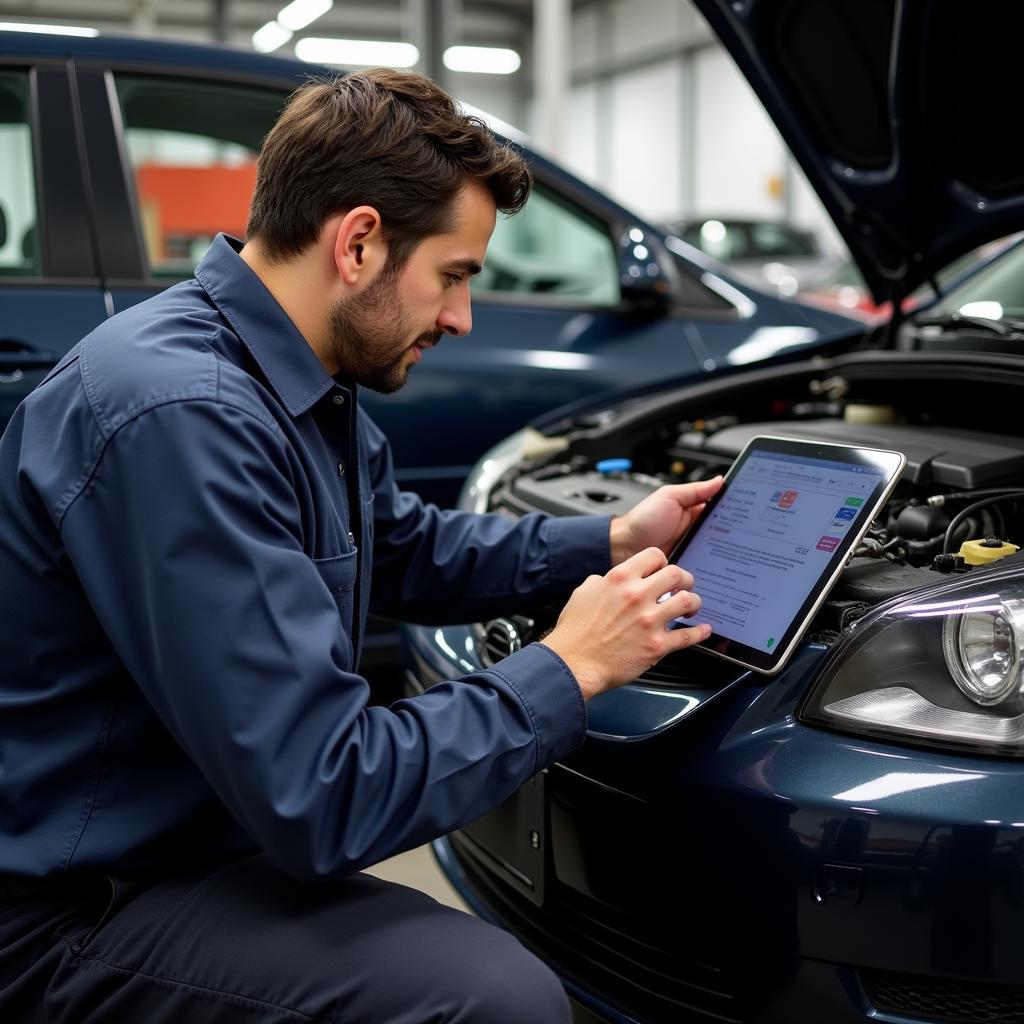 Mechanic Using Diagnostic Software on a Tablet