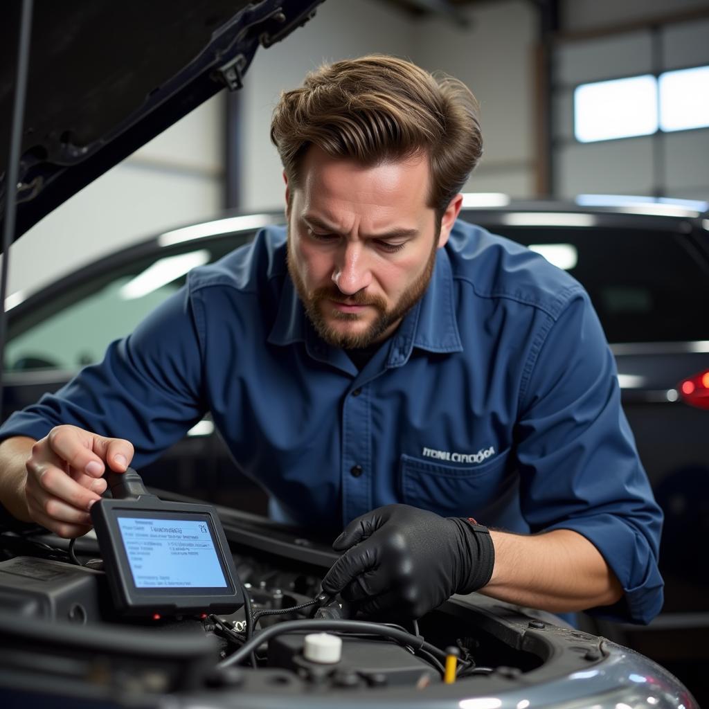 Mechanic Using Diagnostic Tool on a Car