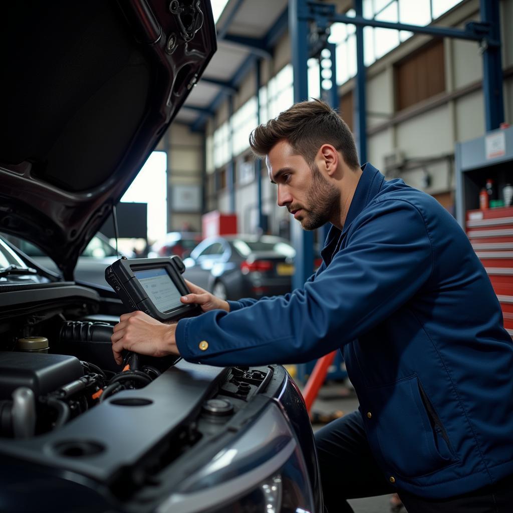 Mechanic Using a Diagnostic Tool in a London Garage