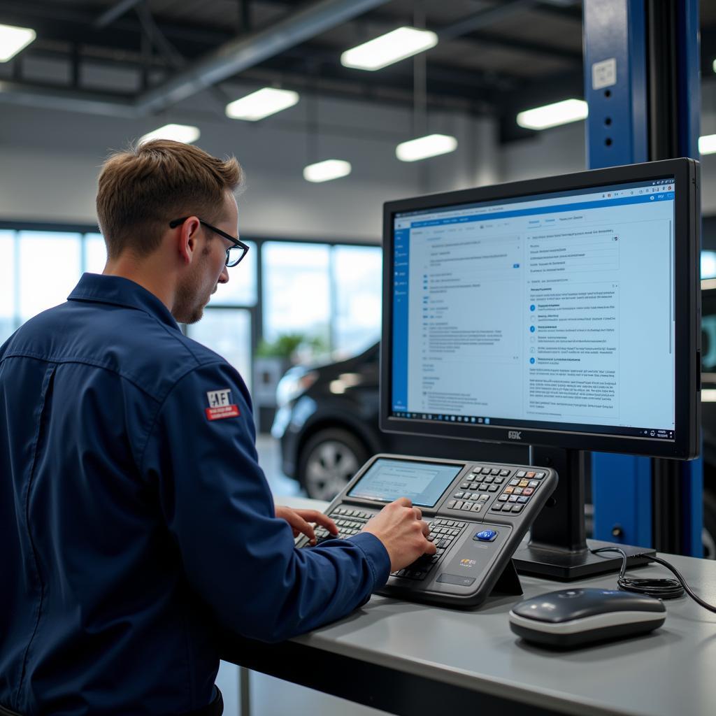 Mechanic Using Diagnostic Tool Integrated with Customer Care Software