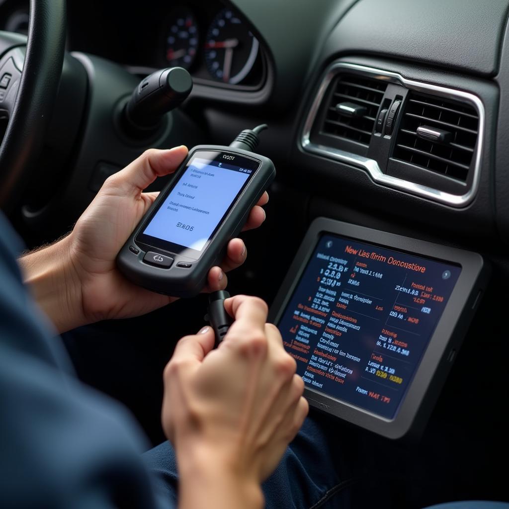 Mechanic Using a Diagnostic Tool on a Car