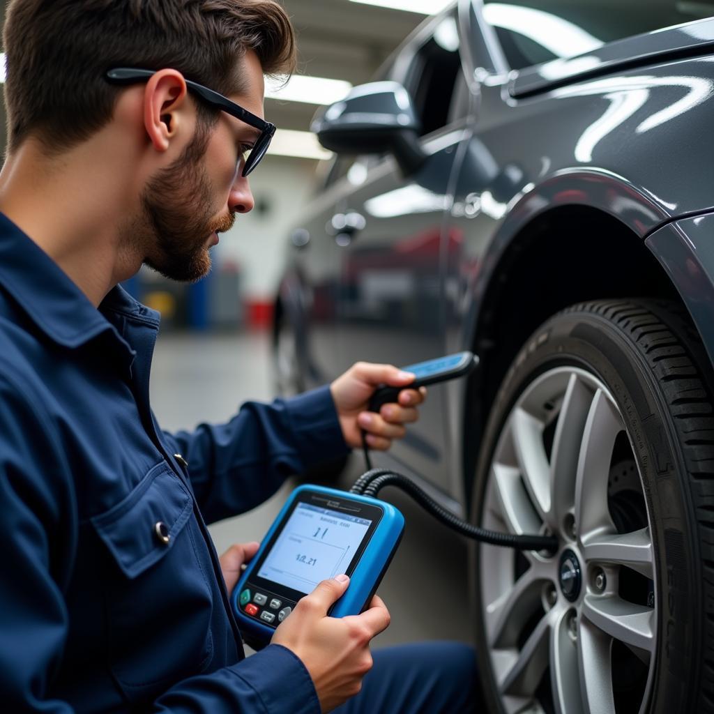 Mechanic Using Diagnostic Tool on Car