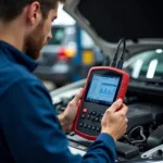 Mechanic Using Diagnostic Tool on Car