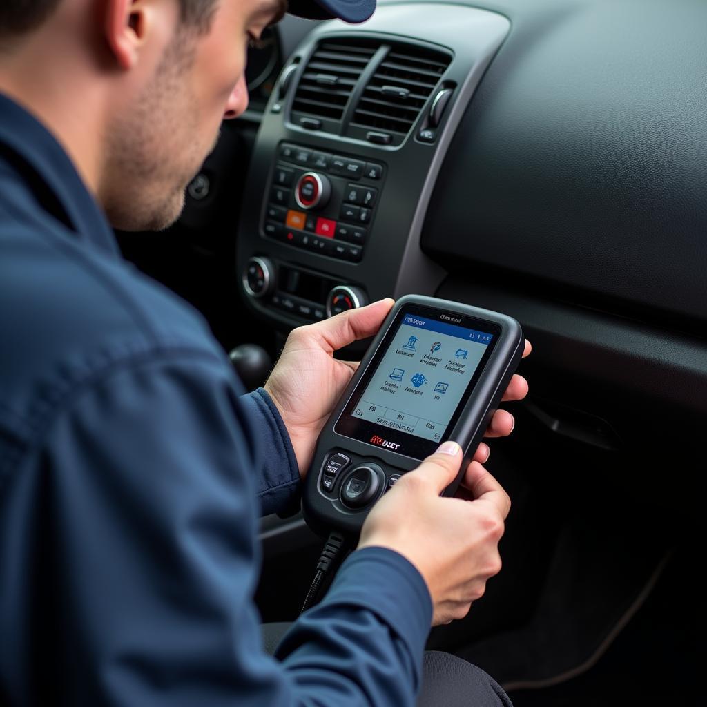 Mechanic Using a Diagnostic Tool on a Car