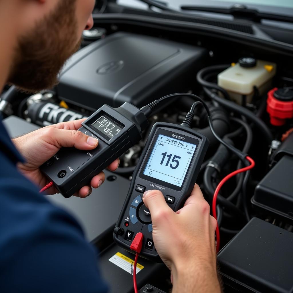 Mechanic Using Diagnostic Tool on Car