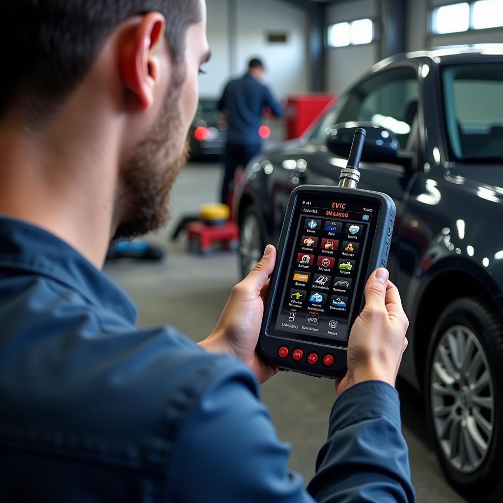 Mechanic Using an EVIC Tool to Diagnose Car Issues