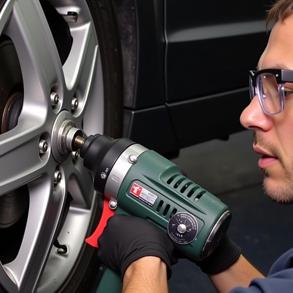 Mechanic Using an Impact Wrench to Remove a Wheel