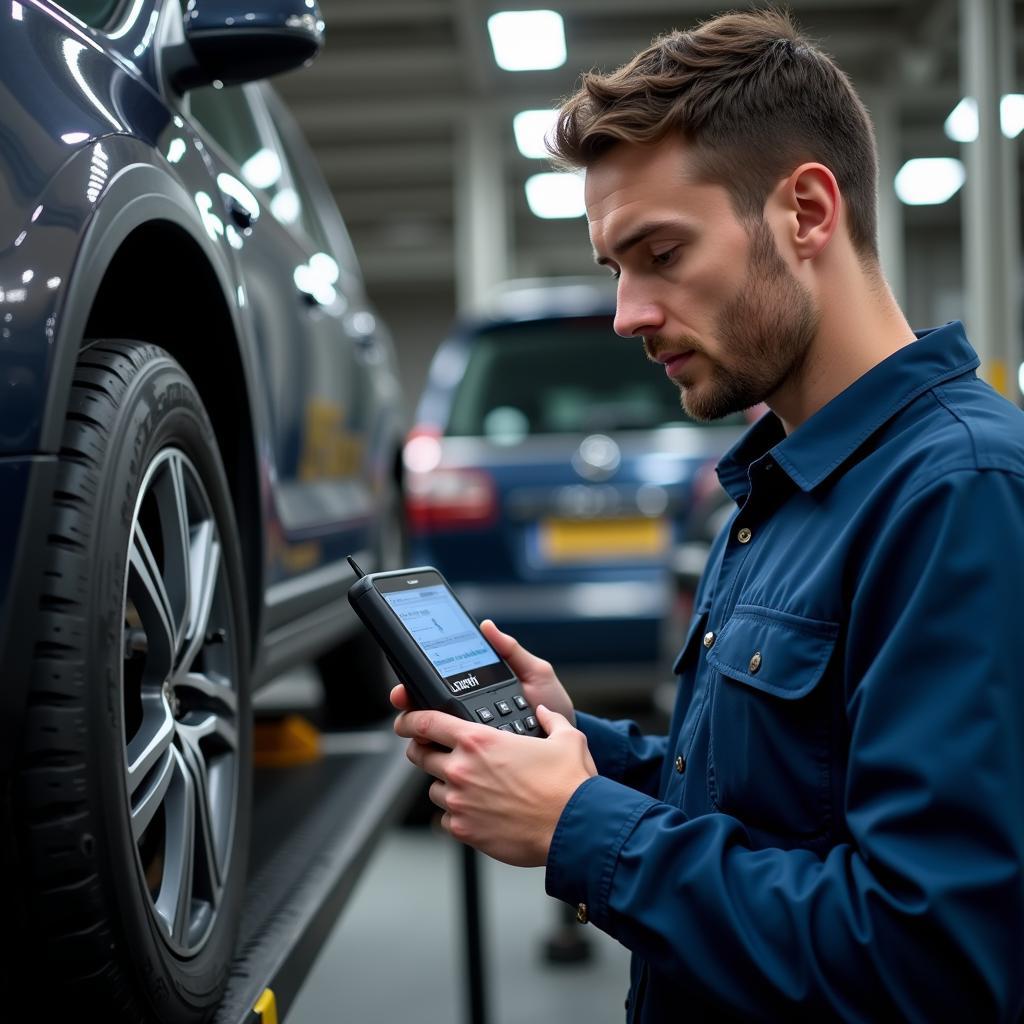 Mechanic Using a Launch Car Scanner Tool to Diagnose a Vehicle