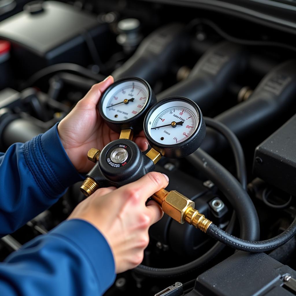 Mechanic Using Manifold Gauge Set