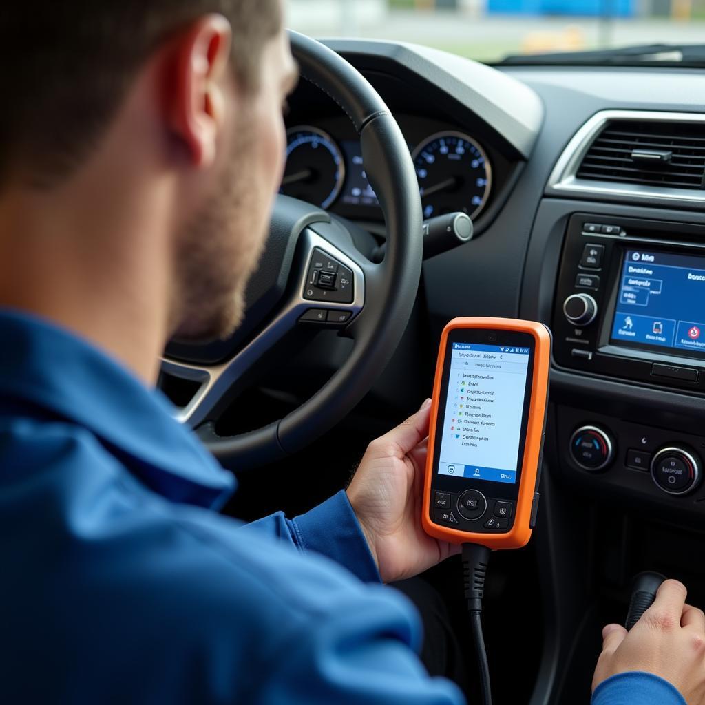 Mechanic Using OBD-II Scanner on a Car