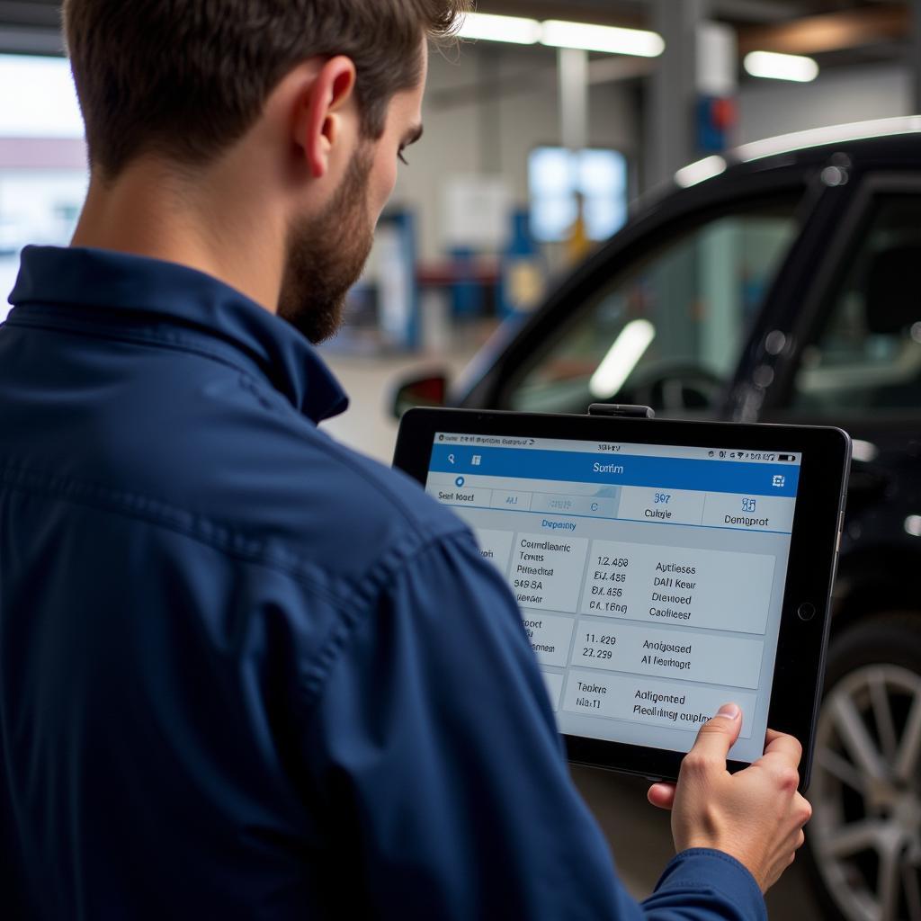 A mechanic using an OBD2 bluetooth scanner to diagnose a car problem.