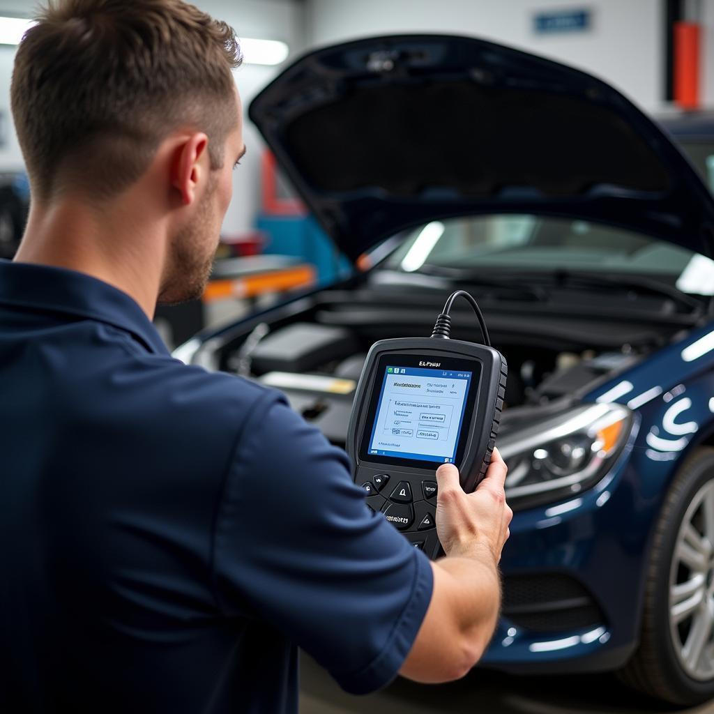 Mechanic Using an OBD2 Scanner to Diagnose a Car Problem