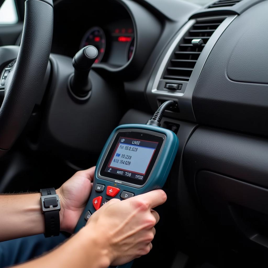 Mechanic Using OBD2 Scanner on Car