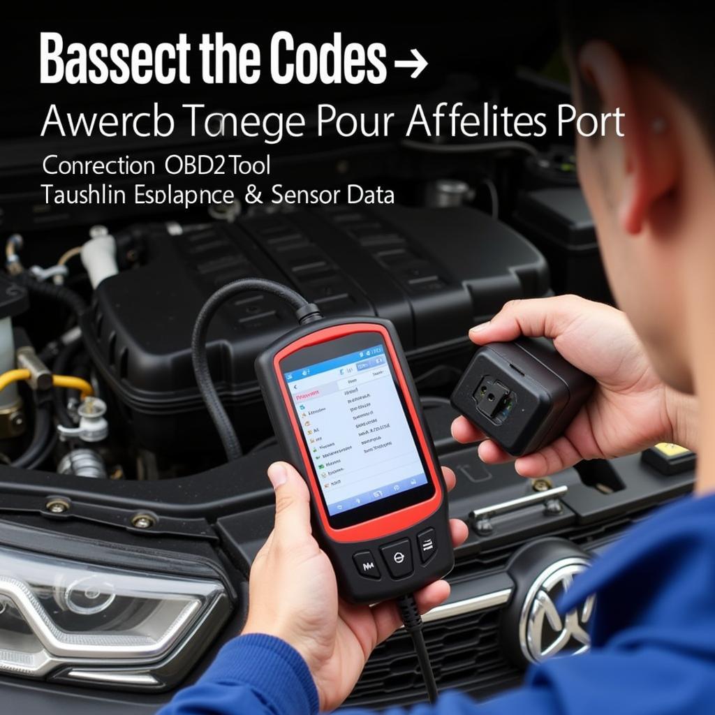 A mechanic uses an OBD2 tool to diagnose a car problem, showing the connection to the vehicle and the diagnostic information displayed on the screen