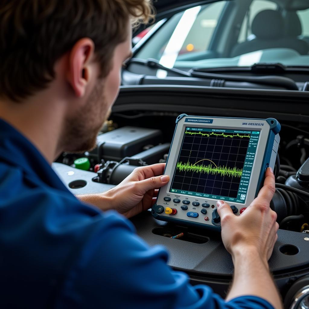 Mechanic Using Oscilloscope for Car Diagnostics