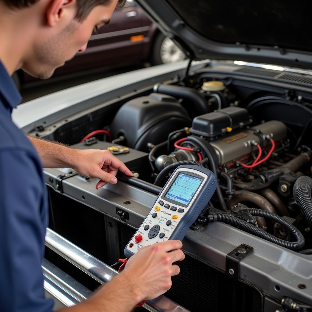 A mechanic using an oscilloscope to diagnose an electrical issue on an older car's engine.