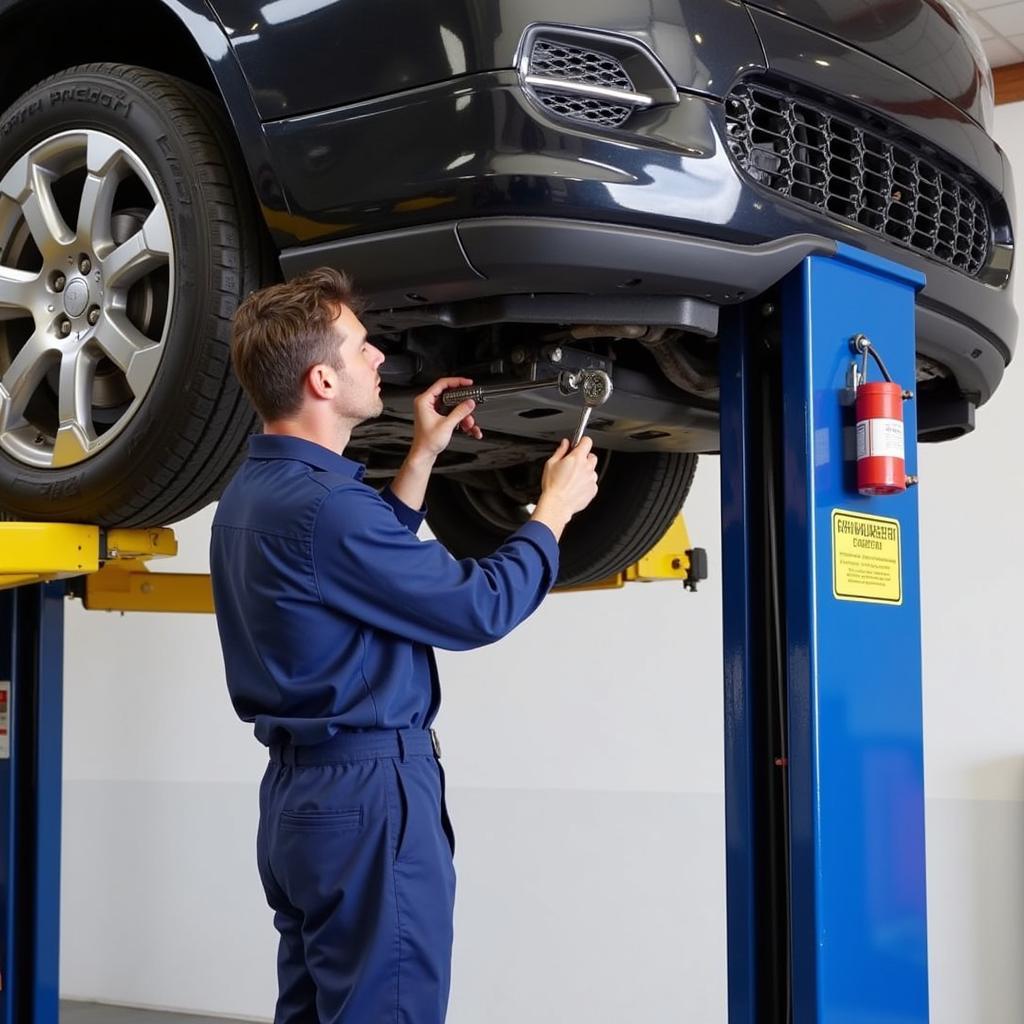 Mechanic Using a Portable Car Lift