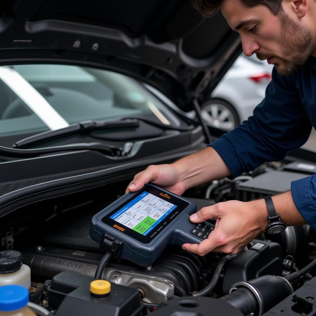 A mechanic uses a professional-grade OBD2 scanner to diagnose a car engine.