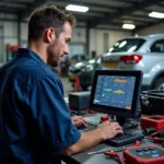 Mechanic using a professional scan tool in a workshop