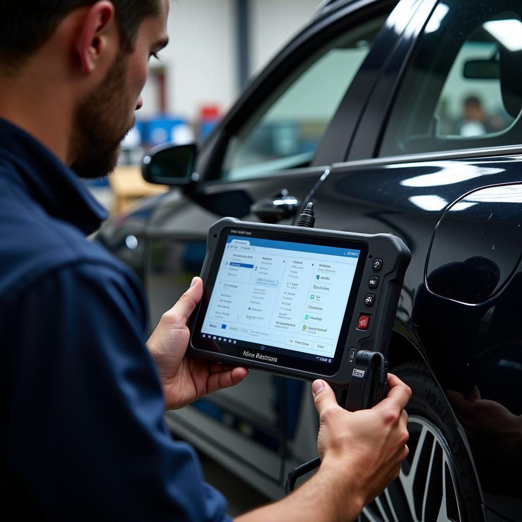 Mechanic using a professional scan tool in a repair shop