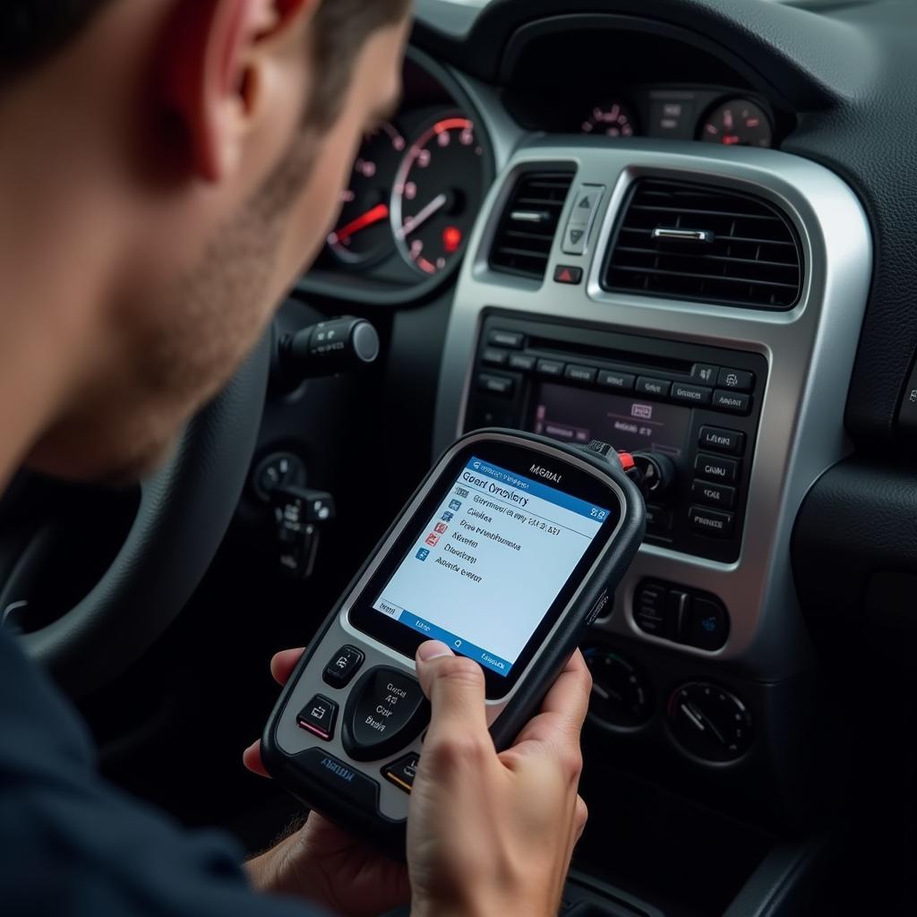 Mechanic using a professional scan tool to diagnose car problems.