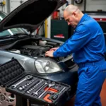 Mechanic using a professional tool set during a car repair.