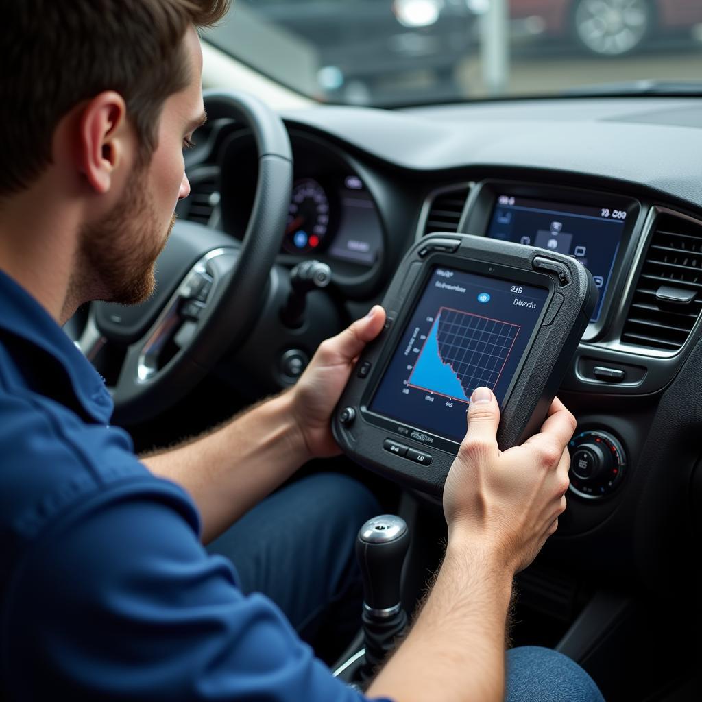 Mechanic Using Scan Tool for A/C Diagnostics