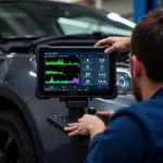 Mechanic using a scan tool on a car