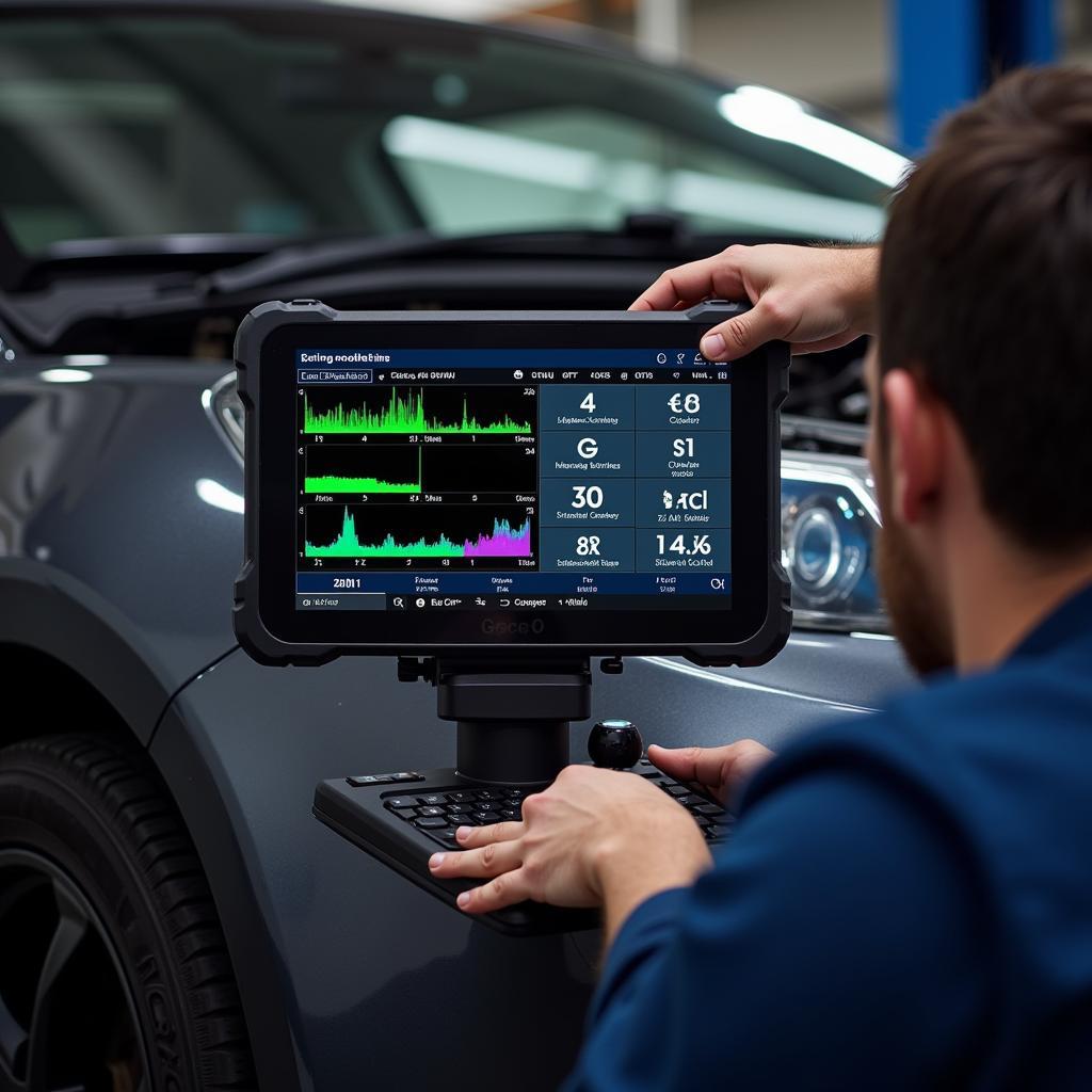 Mechanic using a scan tool on a car