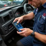 Mechanic Diagnosing a Jeep Cherokee with a Scan Tool