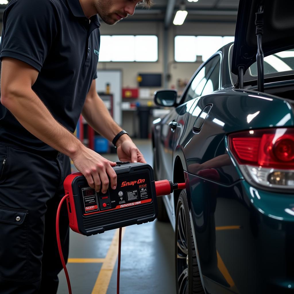 Mechanic using a Snap-on battery charger in a professional workshop environment.