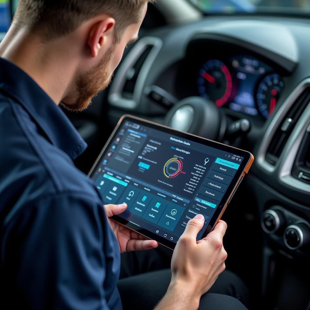 Mechanic using a tablet with diagnostic software