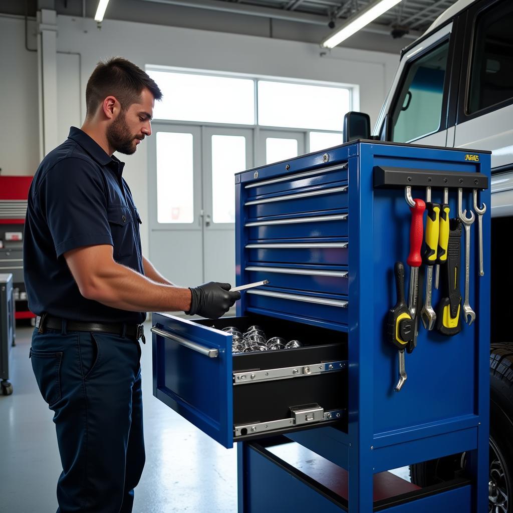 Mechanic Utilizing a Tool Trolley in a Garage