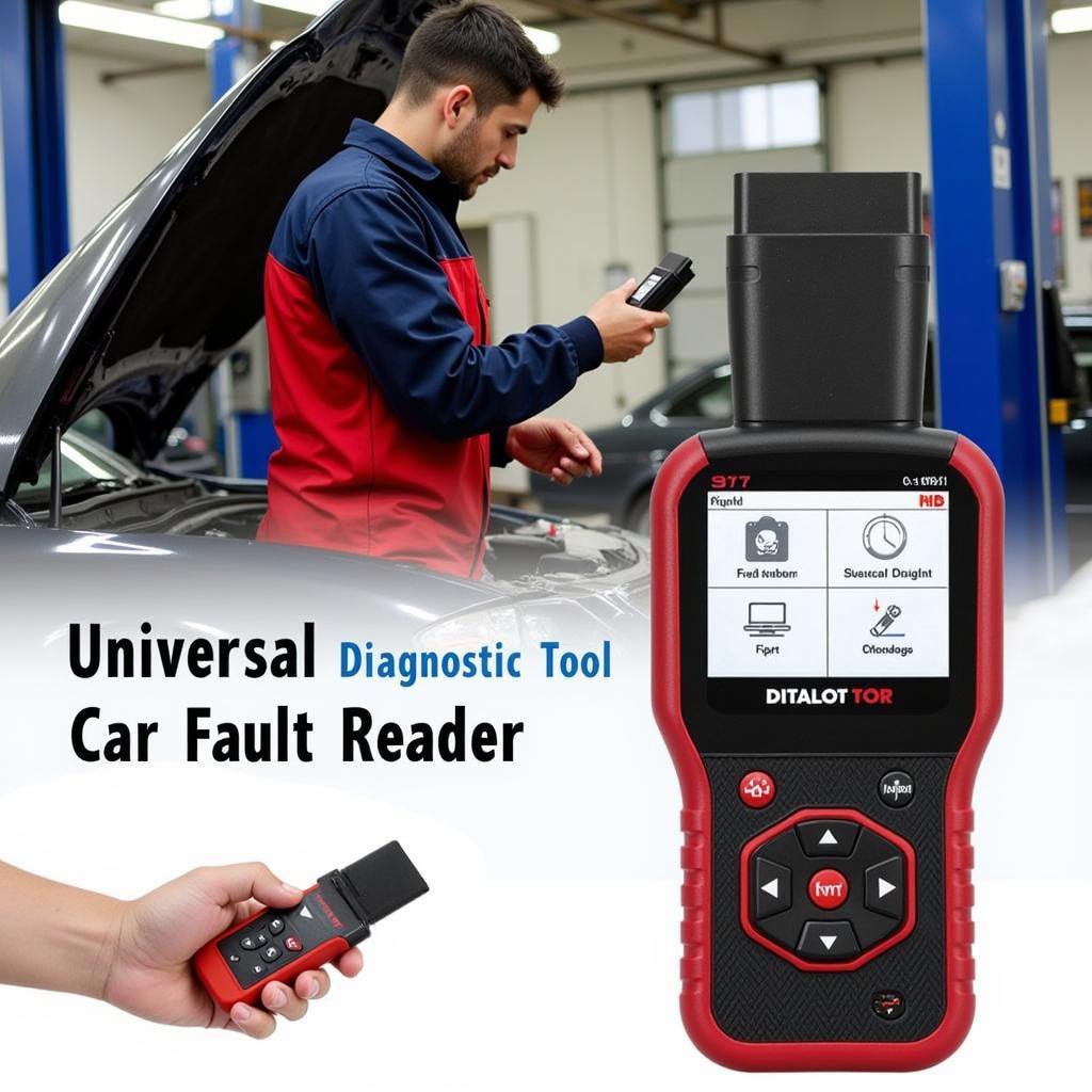 A mechanic diagnosing a car using a universal car fault reader code scanner diagnostic tool.