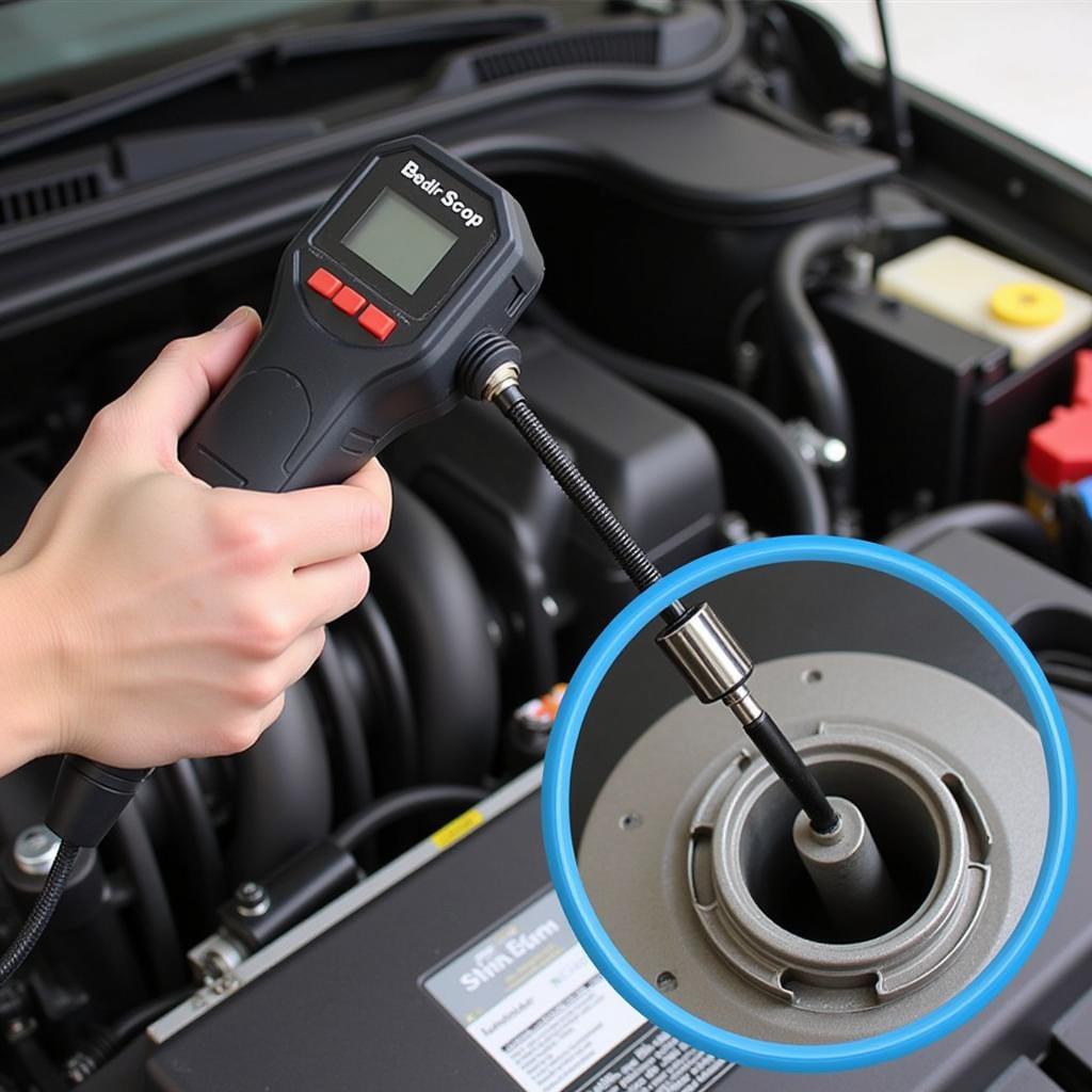 Close-up view of a mechanic using a video scope to inspect an engine cylinder.