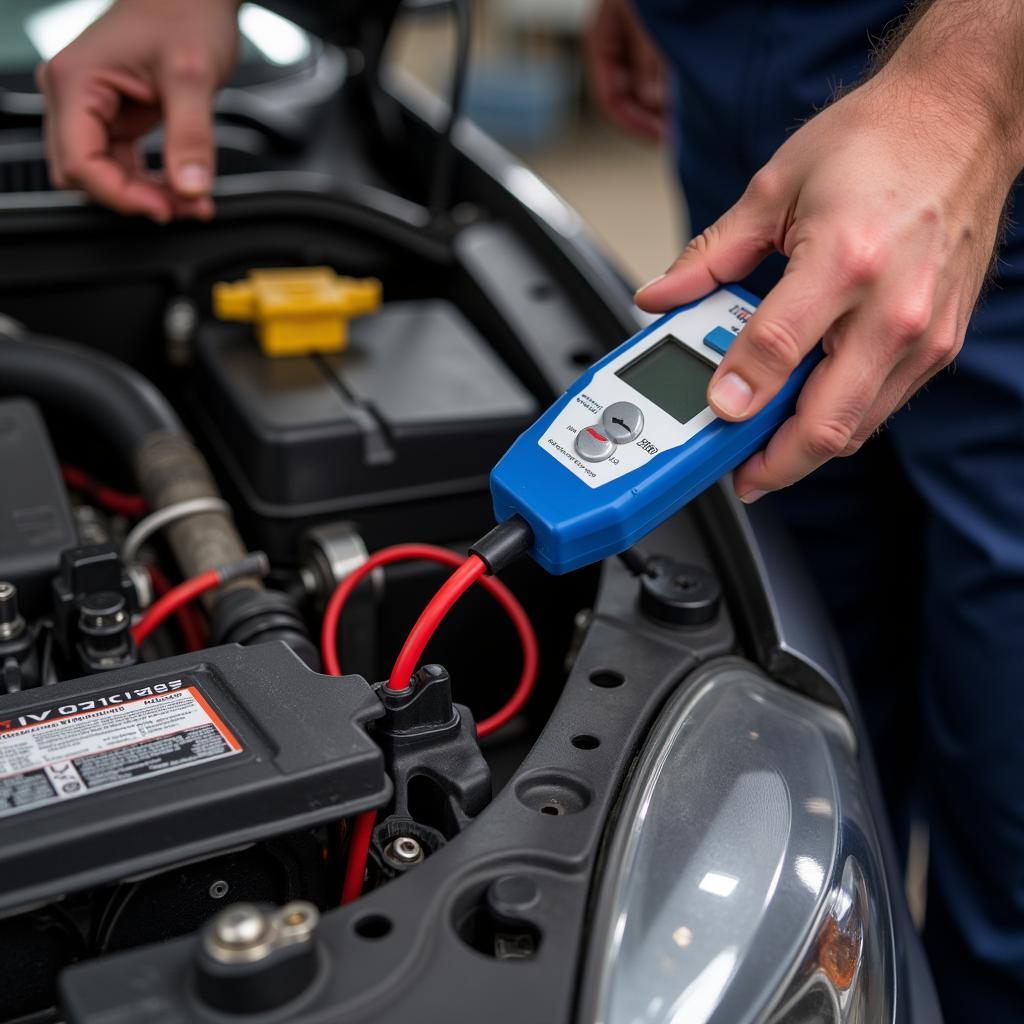 Mechanic Using Voltage Detector on Hybrid Car