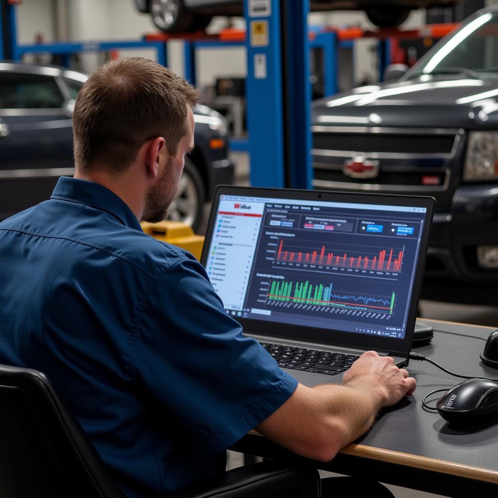 Mechanic Using Wilco Software on a Laptop