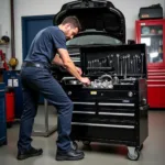 Mechanic Working with Car Tool Box