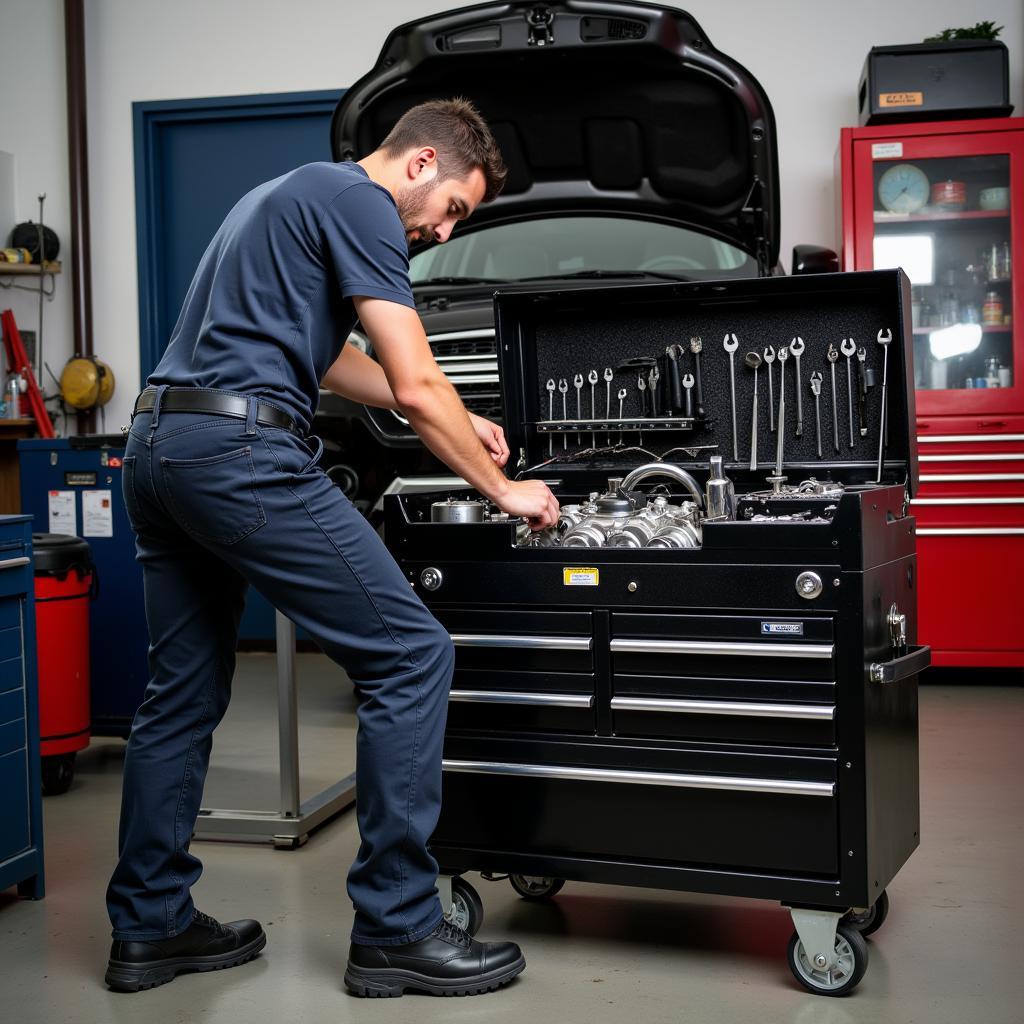 Mechanic Working with Car Tool Box