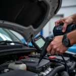 Mechanic Working on Car Engine with Diagnostic Tool