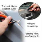 Mini Car Rescue Tool Features: Close-up view of a mini car rescue tool showcasing its sharp seatbelt cutter and pointed window breaker tip.